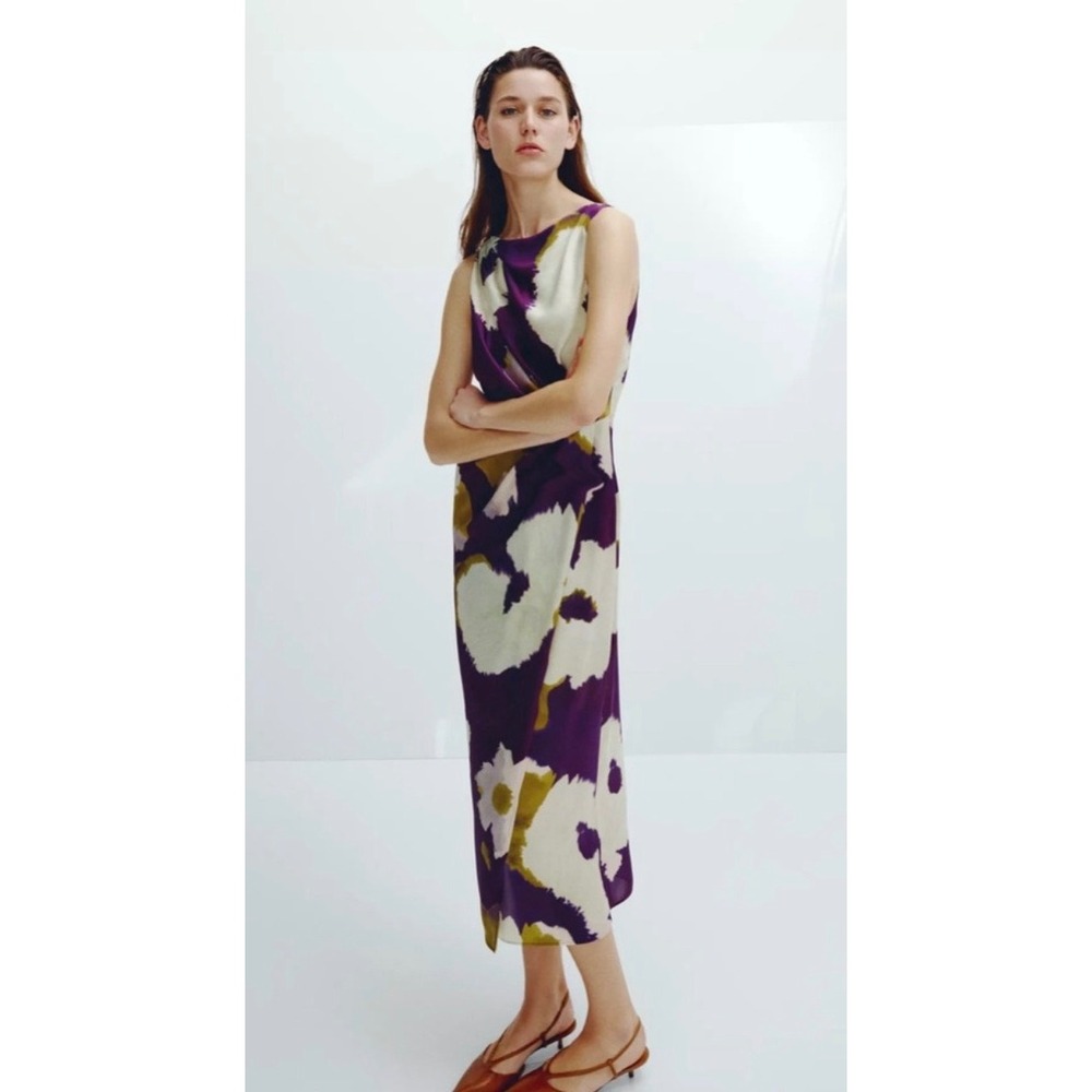 Zara Printed Satin Midi Dress Purple Olive Green Abstract Draped Waist Small